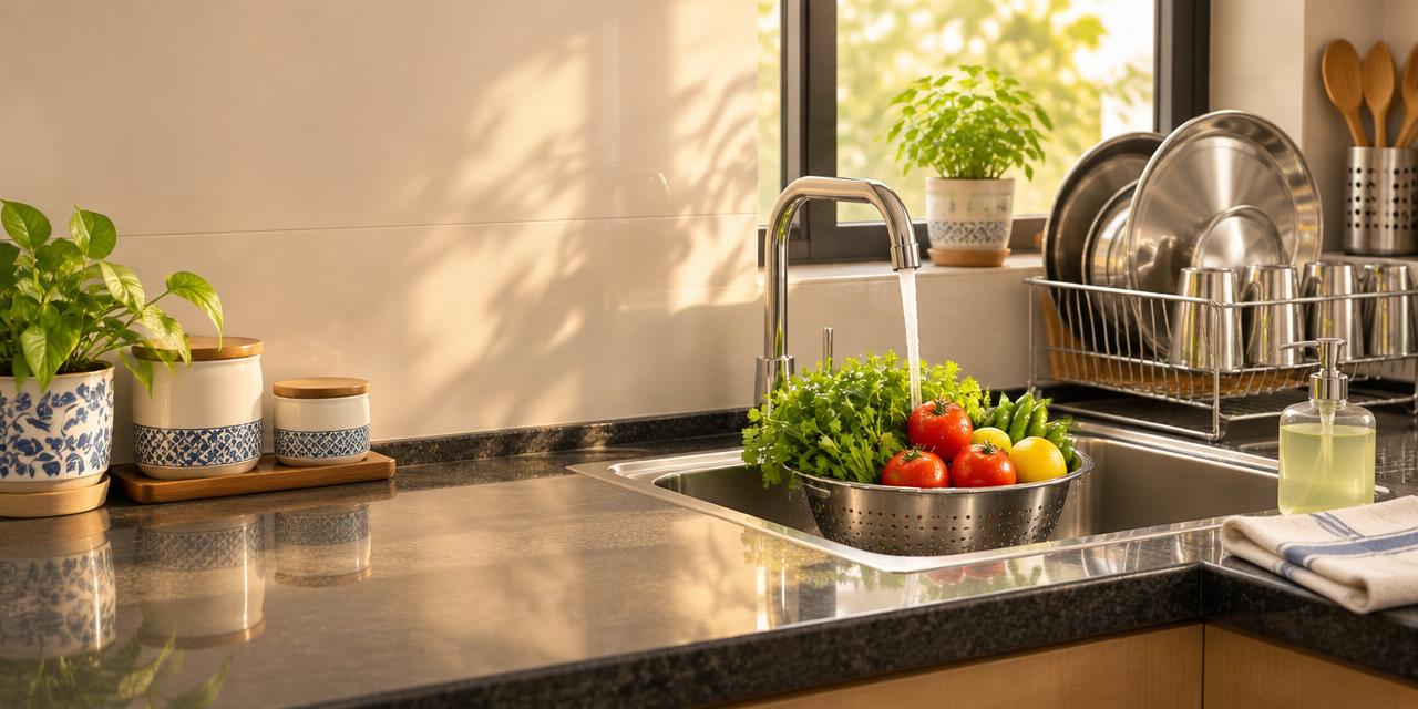 Fresh vegetables washed at a sparkling clean kitchen sink