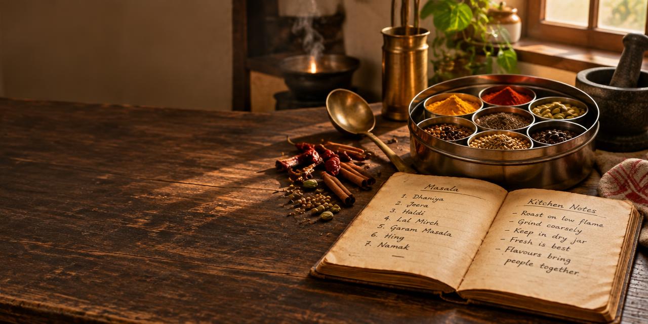 A handwritten family recipe book beside a spice box